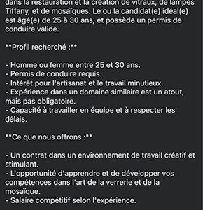 Cherche Ouvrier/ouvrière en création de vitraux, lampes Tiffany et mosaïques