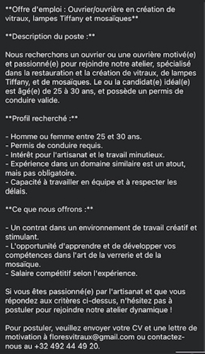 Cherche Ouvrier/ouvrière en création de vitraux, lampes Tiffany et mosaïques